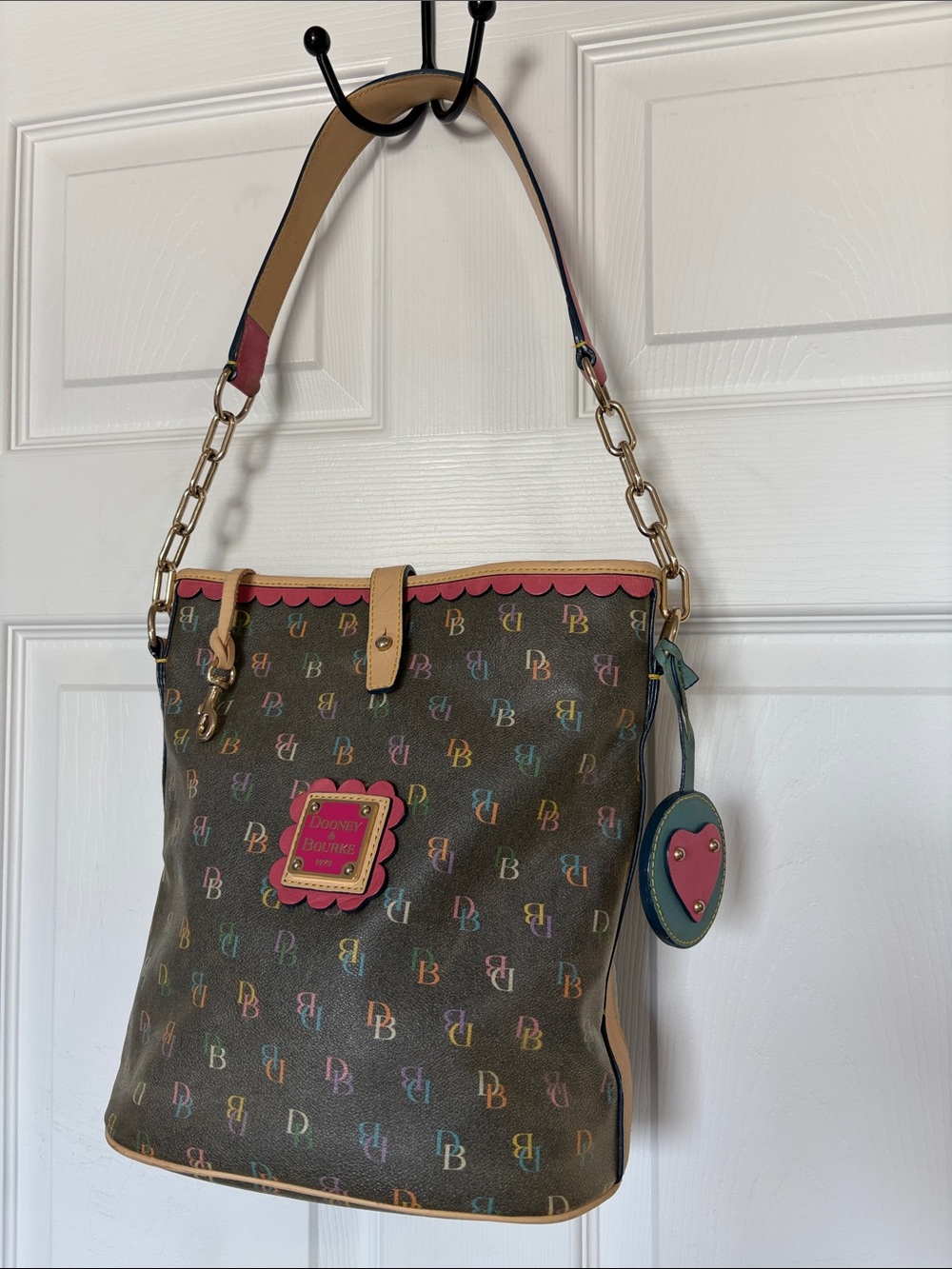 Dooney & Bourke Brown Multicolor DB Logo Shoulder Bag with Pink Trim